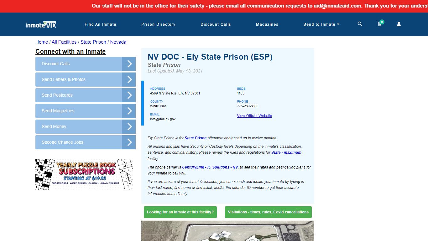 NV DOC - Ely State Prison (ESP) & Inmate Search - Ely, NV