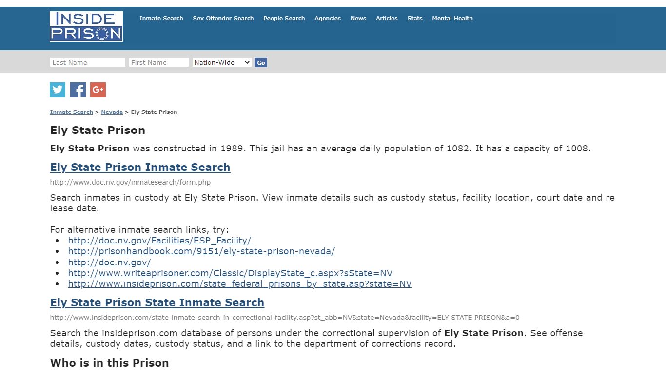 Ely State Prison - Nevada - Inmate Search